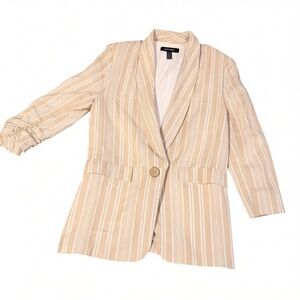Ellen Tracy Linen Blend Striped Blazer Jacket Ruched Sleeve Tan XS